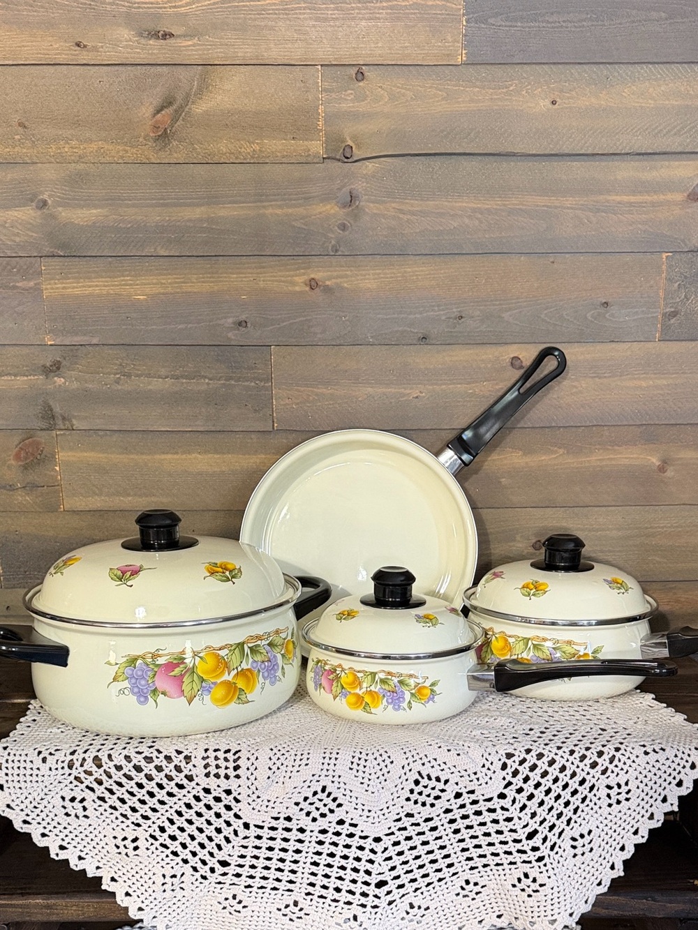 Vintage Enamelware Cookware Set Fruit Motif Cream Pots Pans 4 Piece